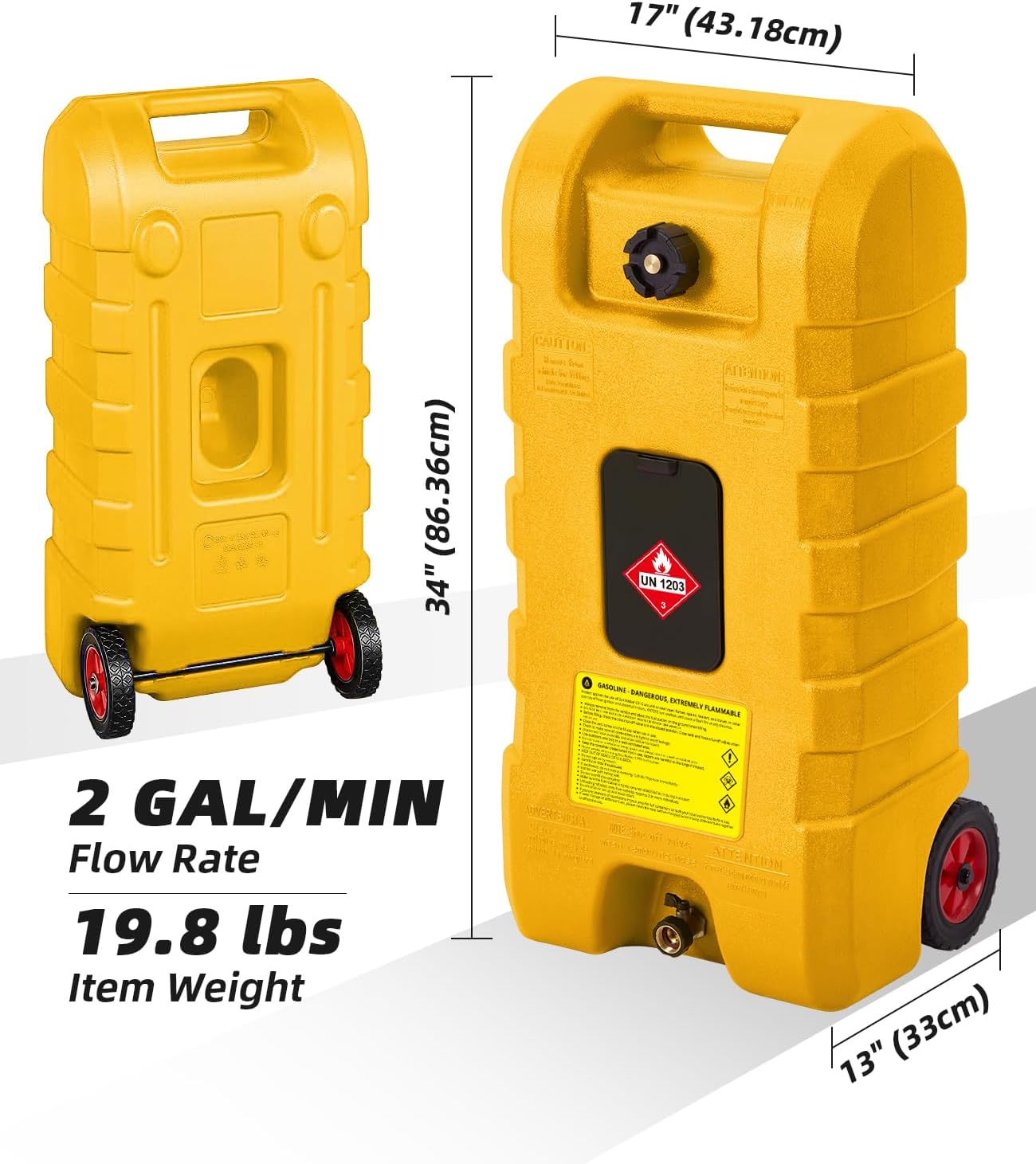 15 Gallon Gas Can, Heavy-Duty Fuel Tank with Manual Transfer Pump & 10FT Hose, Portable Gas Caddy with Wheels, Leak-Proof Gas Container for Lawn Mowers, Cars, Boats, ATVs, Yellow