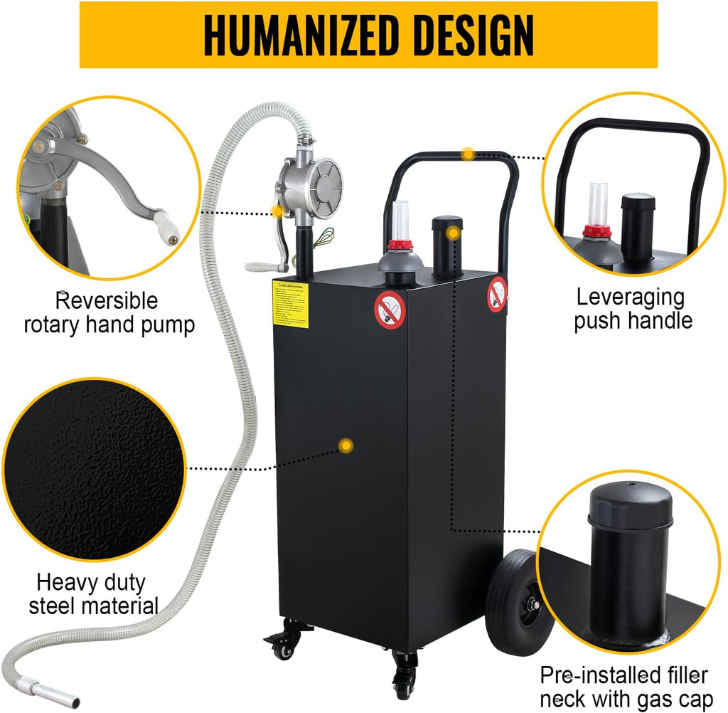 30 Gallon Fuel Caddy, Fuel Storage Tank & 4 Wheels, with Manual Transfer Pump for Cars, Boats, Lawnmowers, Motorcycles