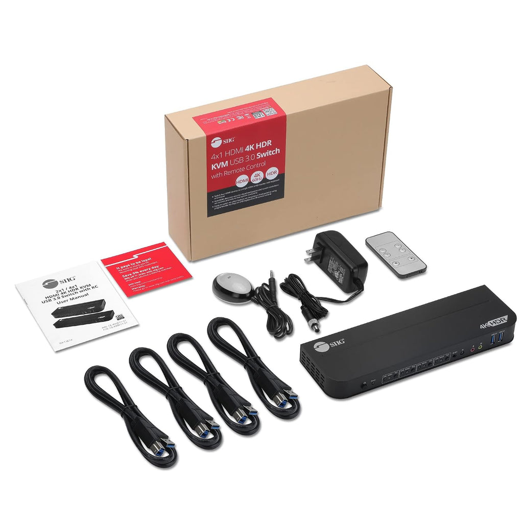 SIIG 4-Port 4K KVM Switch HDMI with Remote Control, 1x HDMI Output, 2X USB 3.2 Type-A Ports, EDID Bypass, Compatible with Windows and Mac (CE-KV0F11-S1)