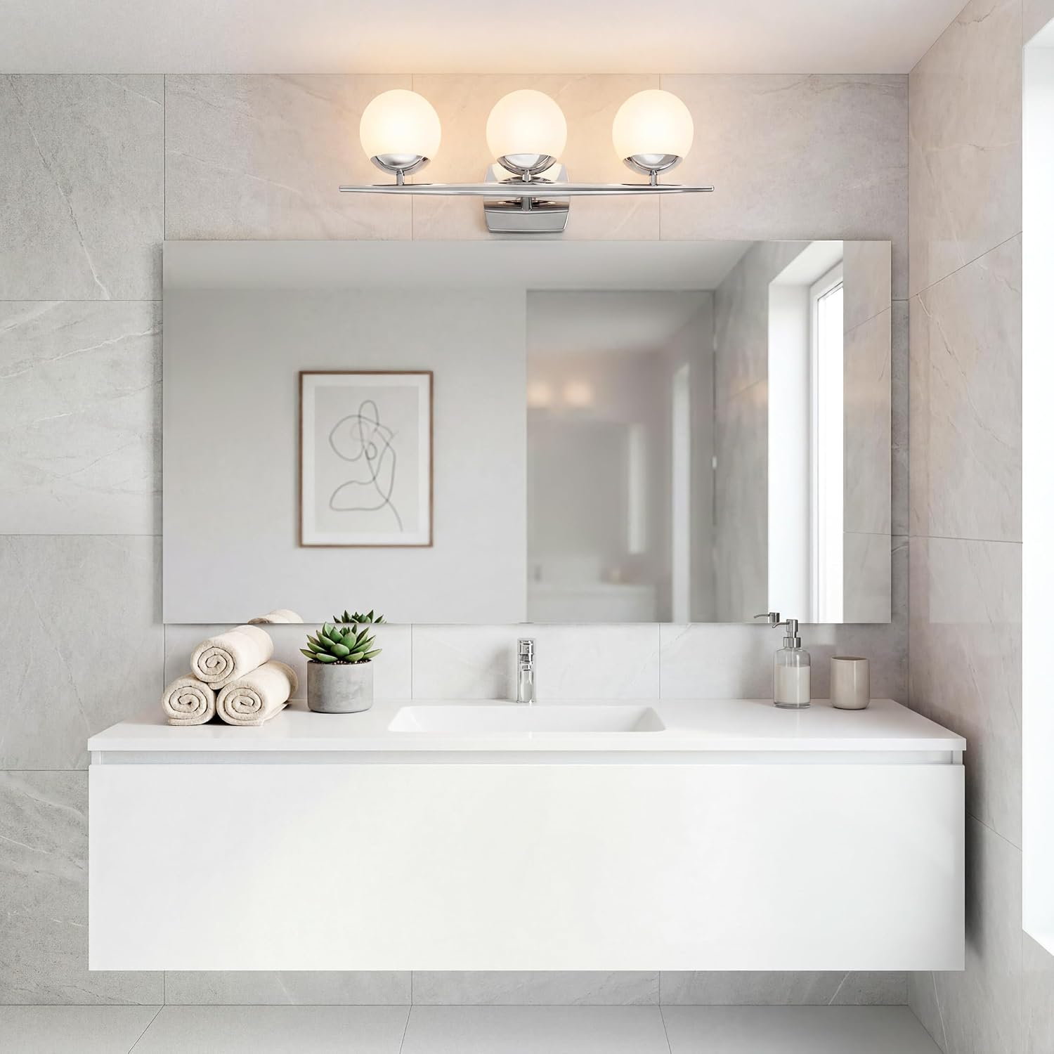 Kichler Jasper 24.5' Halogen Vanity Light in Chrome, 3-Light Mid Century Bathroom Vanity with Satin Etched Cased Opal Glass, (24.5' W x 7.75' H), 45582CH