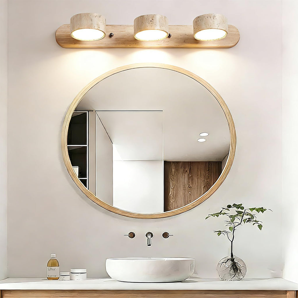 LED Natural Wood Vanity Light with 3 Travertine Stone Shades, Bathroom Vanity Light Fixture, 360° Rotatable Stone Lampshades, Modern Rustic Wall Lamp for Bedroom, Living Room, Hallway (Natural Wood)