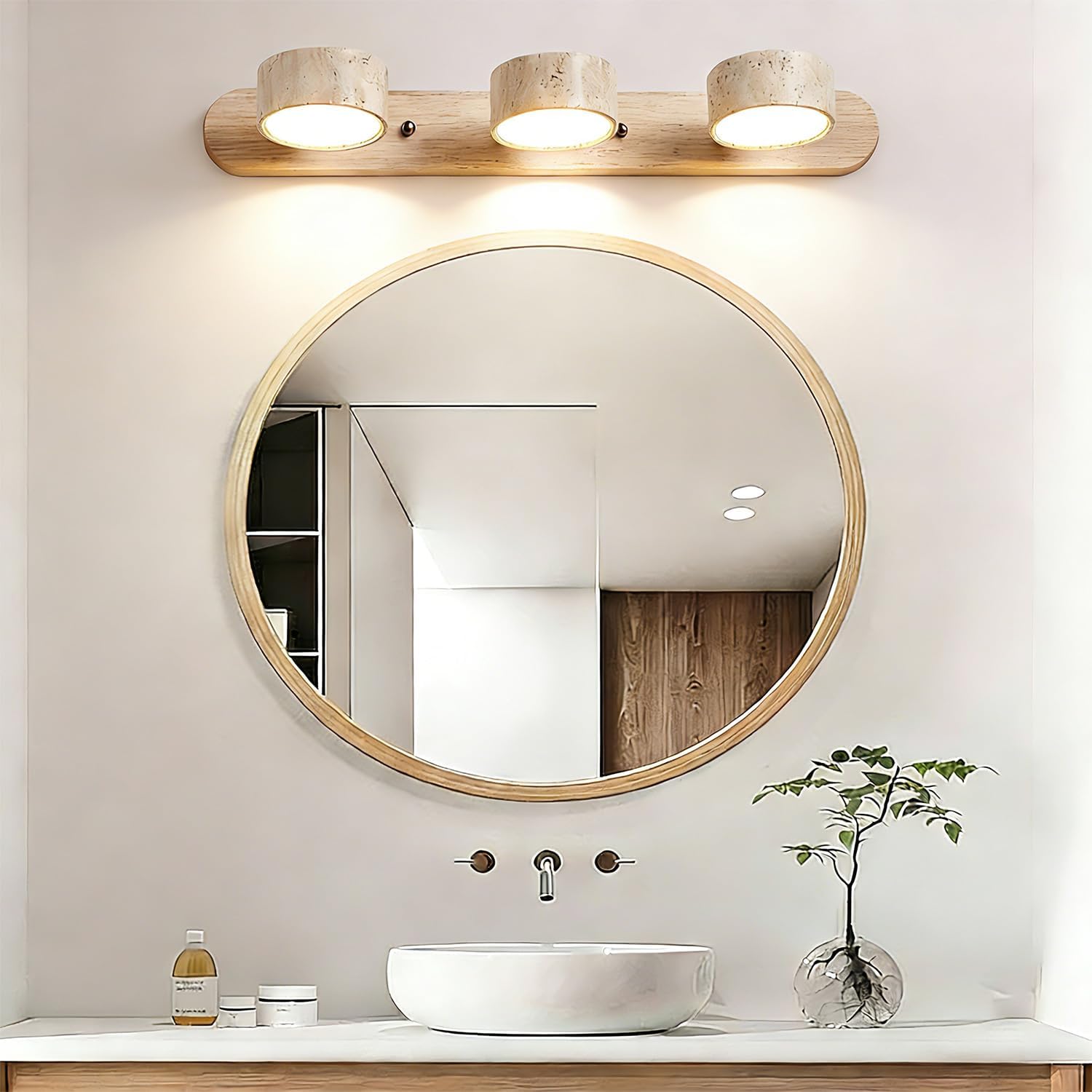 LED Natural Wood Vanity Light with 3 Travertine Stone Shades, Bathroom Vanity Light Fixture, 360° Rotatable Stone Lampshades, Modern Rustic Wall Lamp for Bedroom, Living Room, Hallway (Natural Wood)