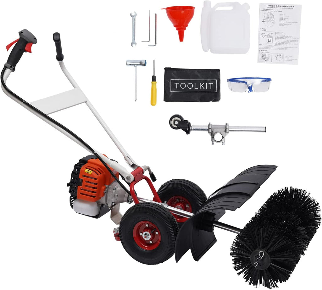 Gas Power Broom Sweeper 52CC 2.5HP Powered Brush Sweeping Broom Walk-Behind Outdoor Hand Push Sweeper for Lawn Leaf Snow Artificial Turf Grass Gravel Cleaning