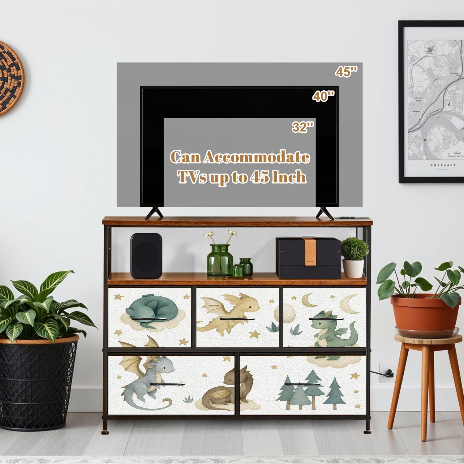 TV Stand with 5 Fabric Drawers Dragon Baby Animals Watercolor Dresser for Bedroom Wide Chest of Drawers Storage Organizer Unit with Open Shelves Power Outlet