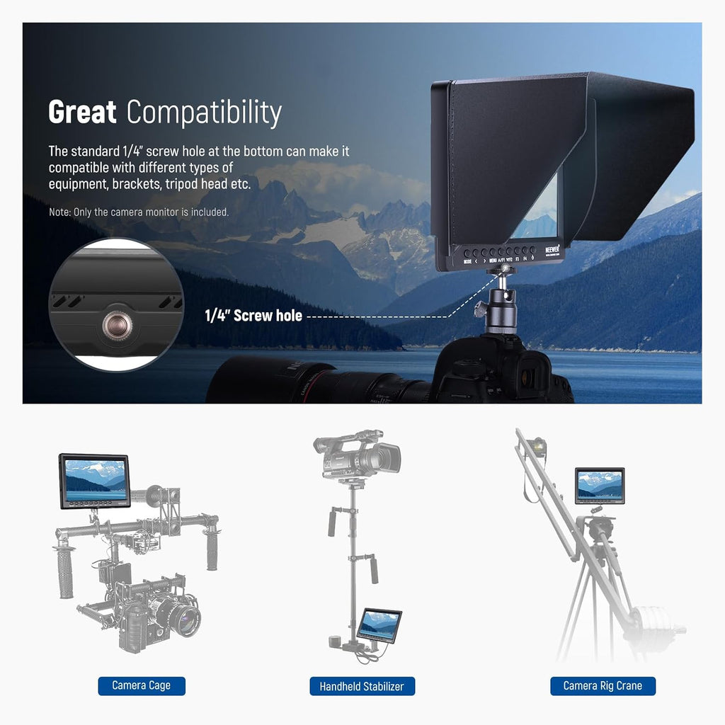 NEEWER F100 7 Inch Camera Field Monitor HD Video Assist IPS 1280x800 HDMI 1080p with 4400mAh F750 Battery, Sunshade Hood & 360° Ball Head for DSLR Cameras, Handheld Stabilizer, Film Video Making Rig