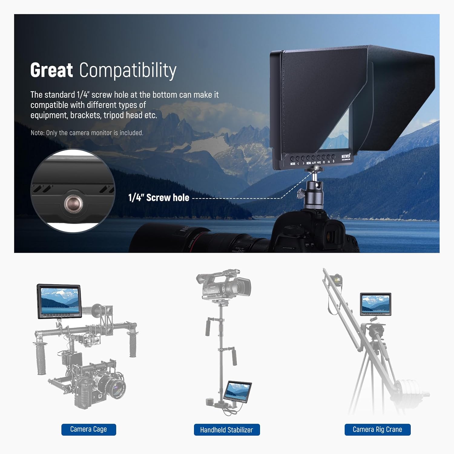 NEEWER F100 7 Inch Camera Field Monitor HD Video Assist IPS 1280x800 HDMI 1080p with 4400mAh F750 Battery, Sunshade Hood & 360° Ball Head for DSLR Cameras, Handheld Stabilizer, Film Video Making Rig