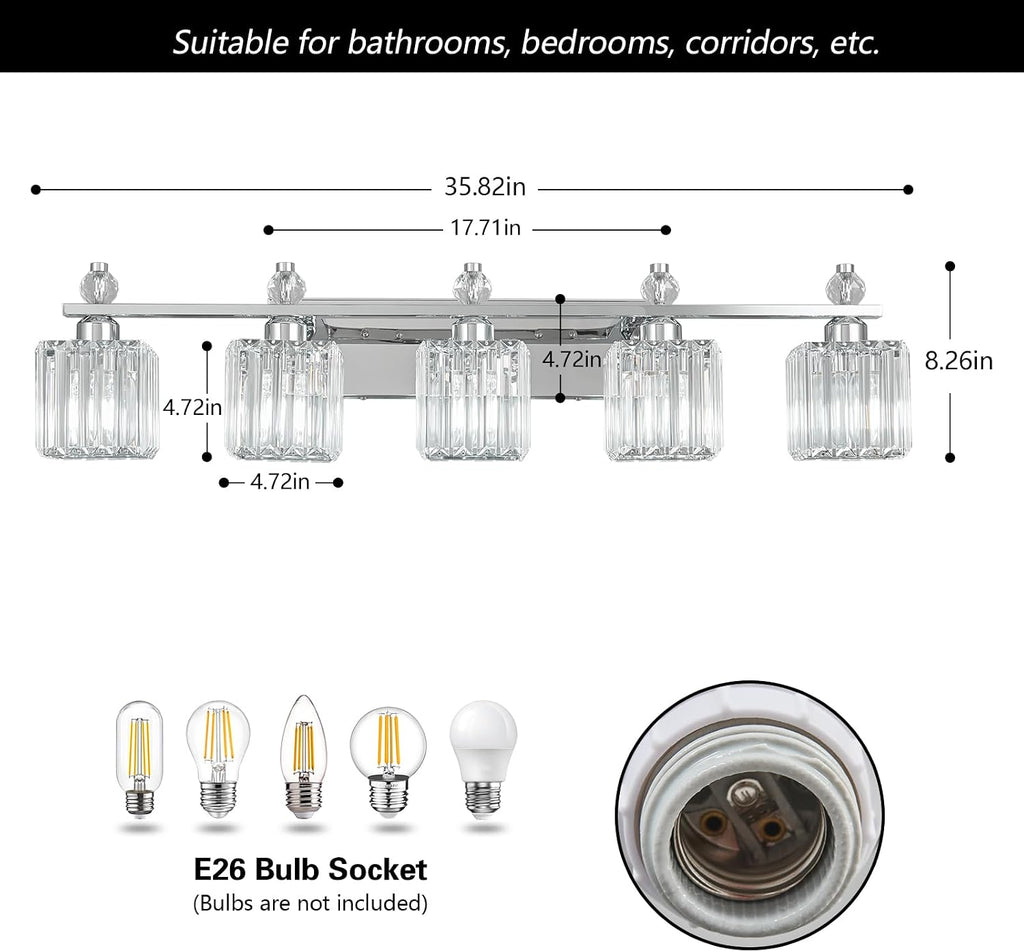 Vanity Lights 5-Light Modern Crystal Vanity Light Chrome Bathroom Light Fixtures Over Mirror Crystal Bathroom Vanity Lighting Fixtures