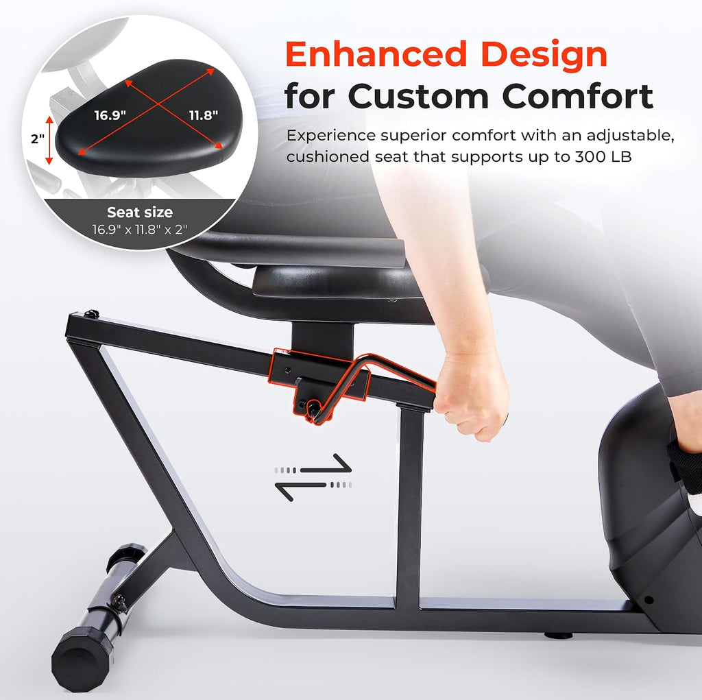 Sunny Health & Fitness Smart Recumbent Bike, Wide Cushioned Seat & Back, Indoor Cycling Machine for Adult/Seniors Home Exercise, Free SunnyFit App Connection