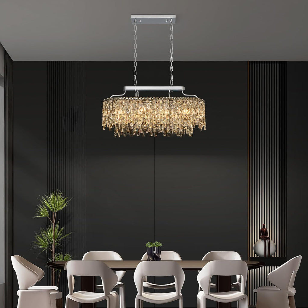 10 Light Crystal Chandelier | Chrome Oval-Shaped Crystal Chandeliers for Dining Room Light Fixture, 32' Modern Ceiling Lighting Fixture for Dining Room Kitchen Island Bar