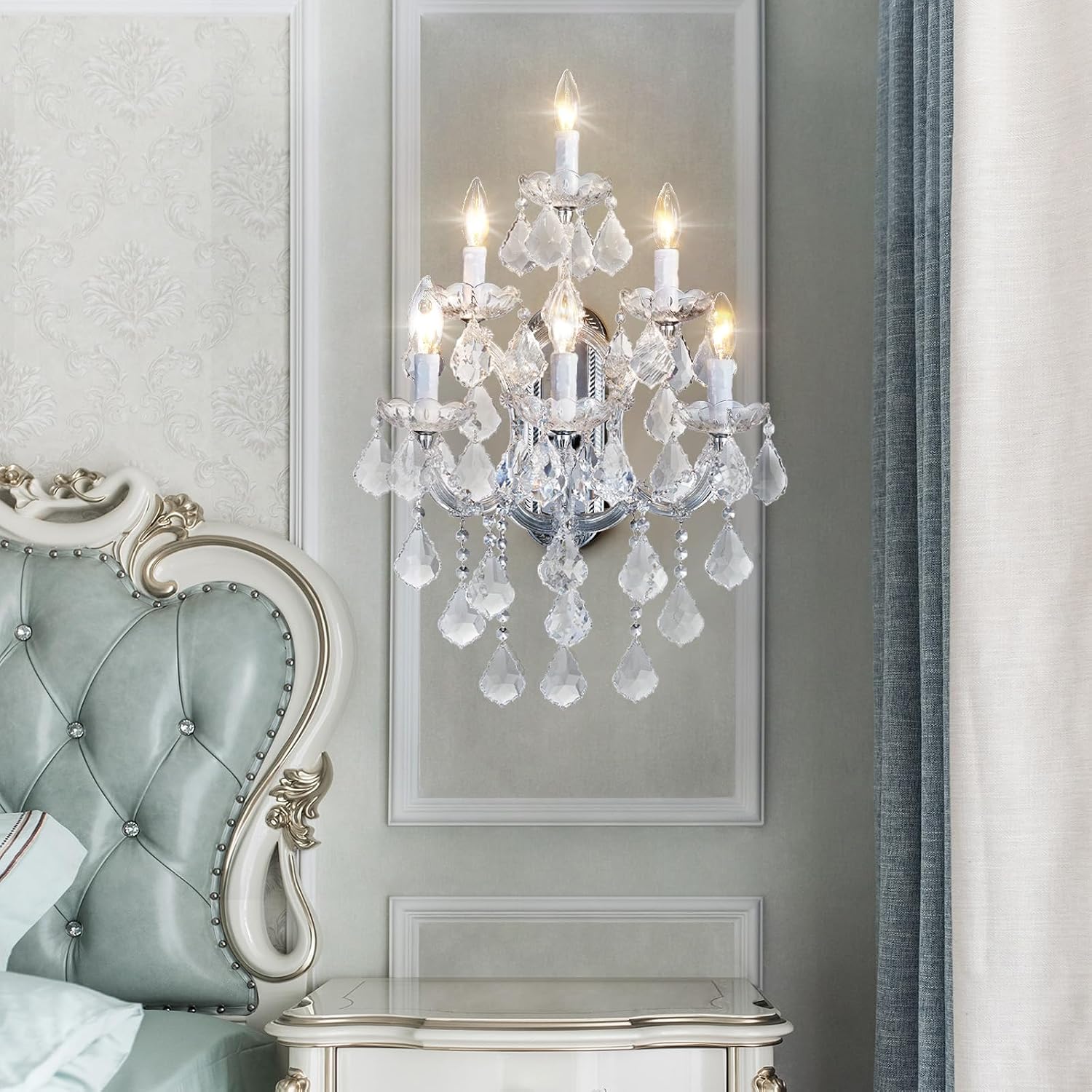 Modern Crystal Wall Sconce Lights- 6 Light Maria Theresa Crystal Wall Sconces Lighting Chrome Wall Lamp Chandelier Light Fixtures for Living Room Wall Sconce Light Walls Mounted Lamp