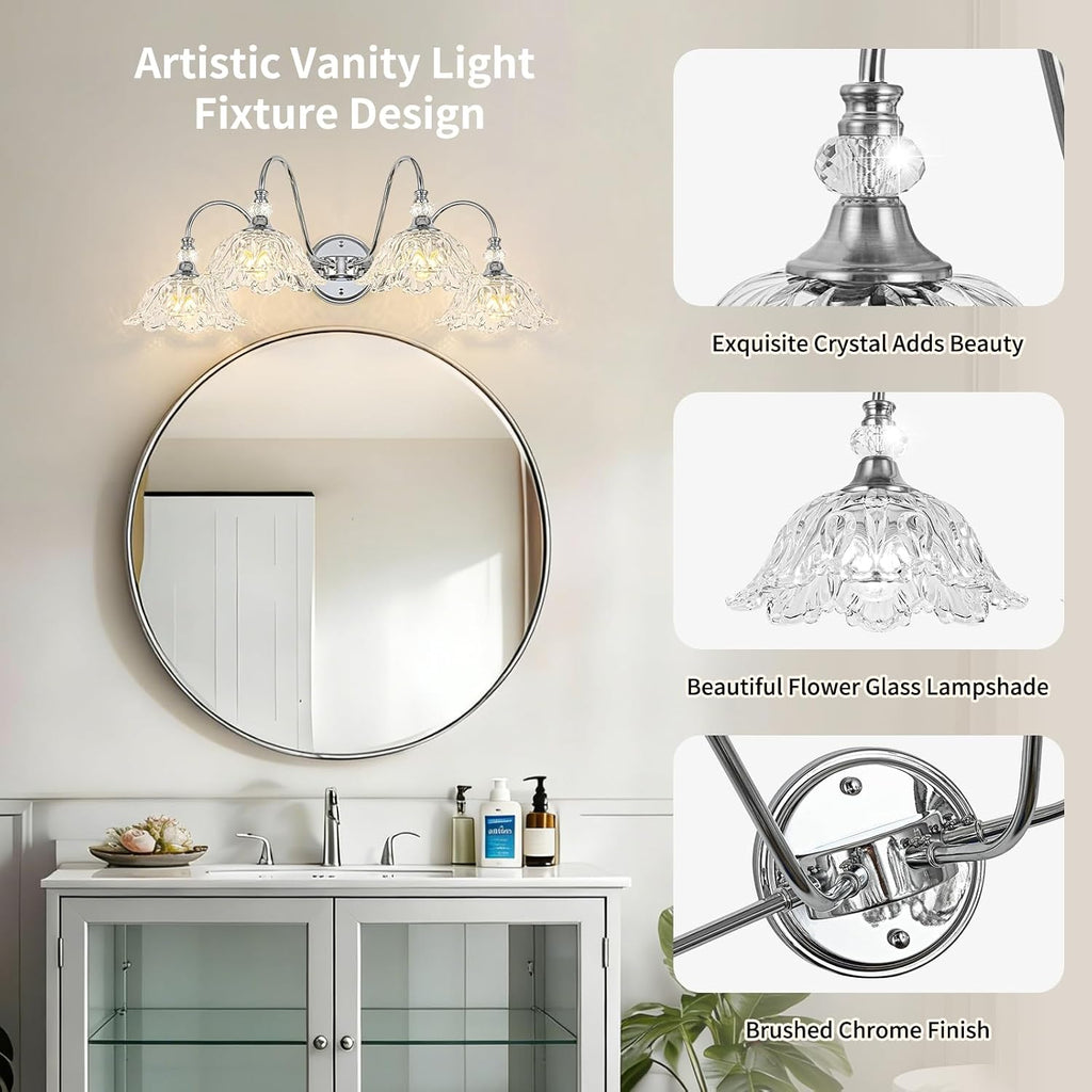 Brushed Chrome 4-Light Bathroom Vanity Light with Floral Clear Glass Shades, Modern Wall Mount Lighting for Bathroom, Dressing Table