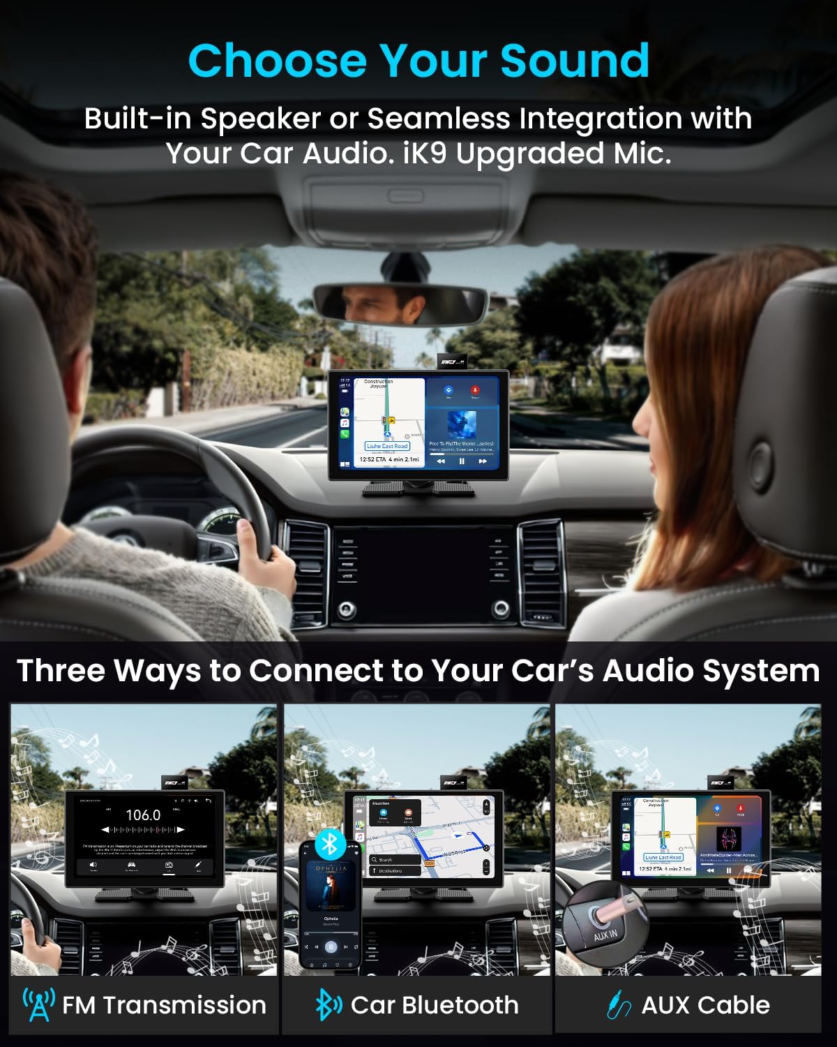 IK9 9' Wireless CarPlay & Android Auto Screen, Portable Car Stereo with 4K Dash Cam & 1080p Rear Camera, CarPlay with Backup Camera, Touch Screen GPS Display, Mirror Link, Apple Car Play Screen