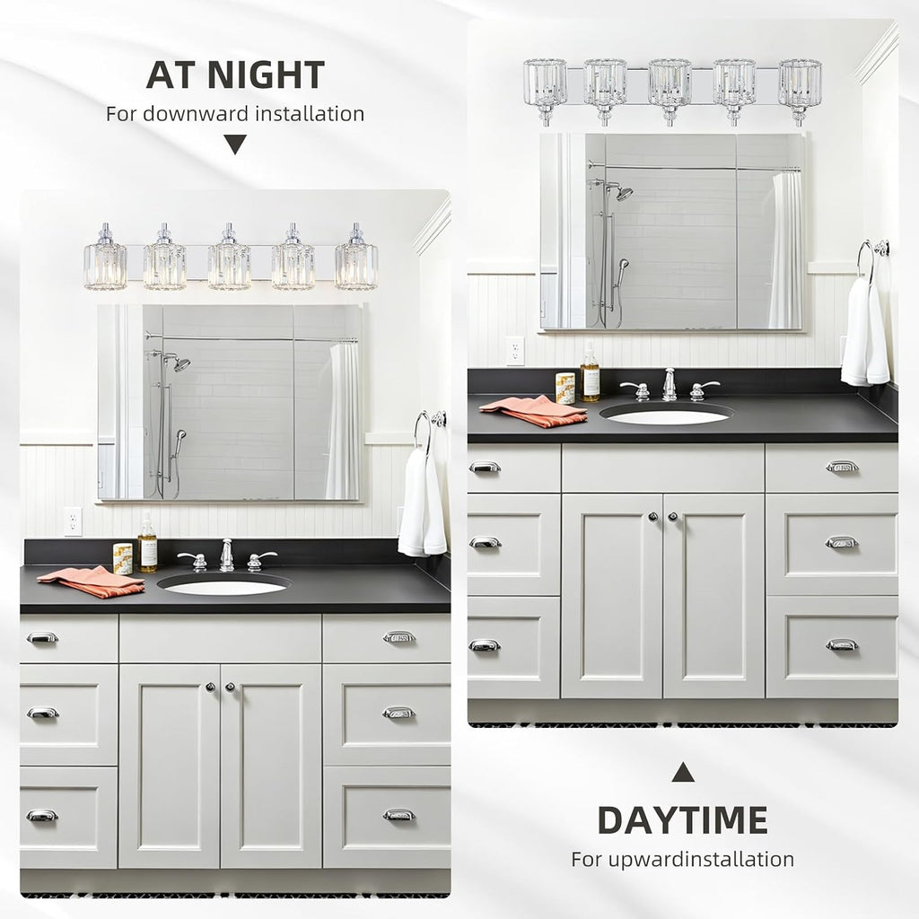 5-Light Modern Bathroom Light Fixture Chrome Bathroom Vanity Lights Over Mirror Wall Sconce Lighting with K9 Crystal Shades E26 Base for Bedroom, Living Room, Hallway Wall Lamp