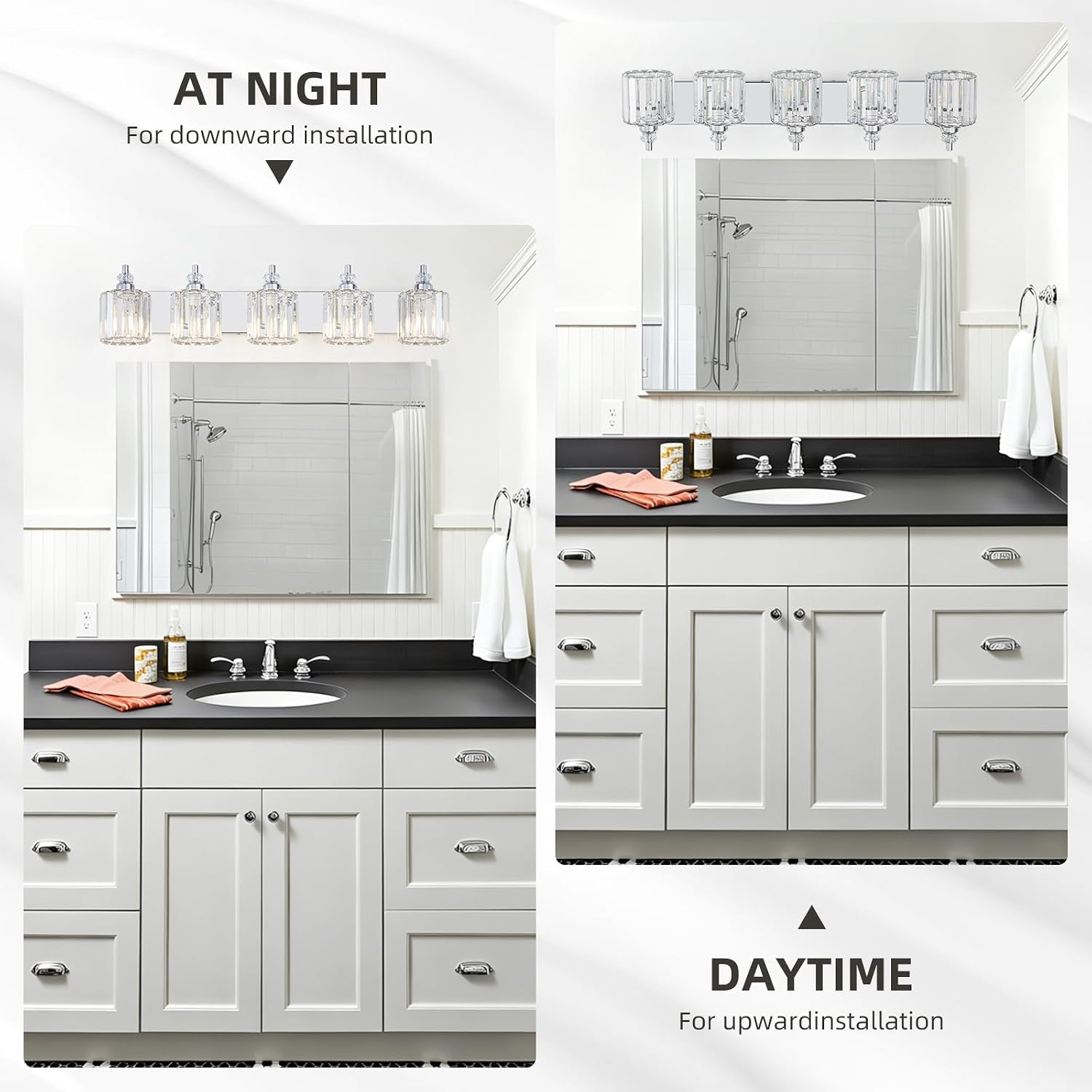5-Light Modern Bathroom Light Fixture Chrome Bathroom Vanity Lights Over Mirror Wall Sconce Lighting with K9 Crystal Shades E26 Base for Bedroom, Living Room, Hallway Wall Lamp