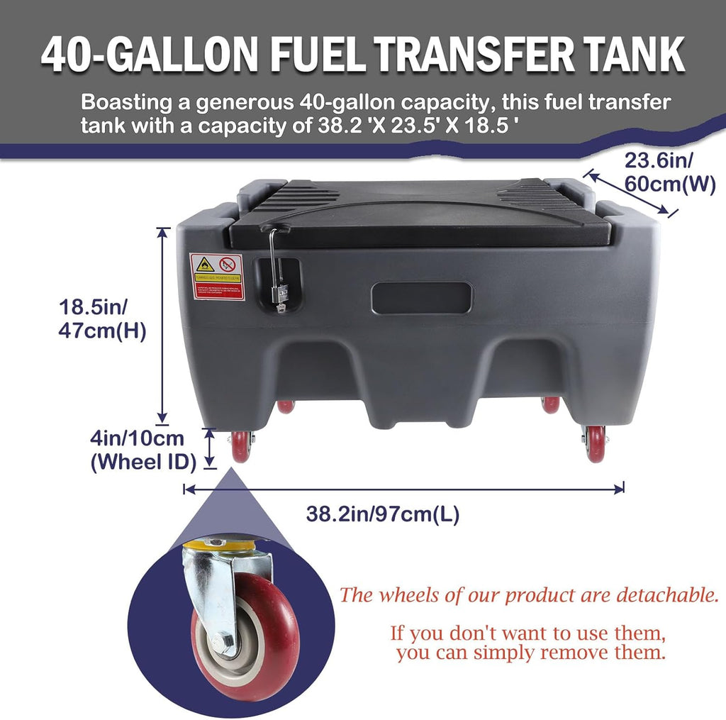 40 Gallon Gasoline Diesel Fuel Transfer Tank with 3.7GPM Flow Rate 12V DC Self-Priming Fuel Transfer Pump, Manual Fueling Nozzle, for Easy Fuel Transportation