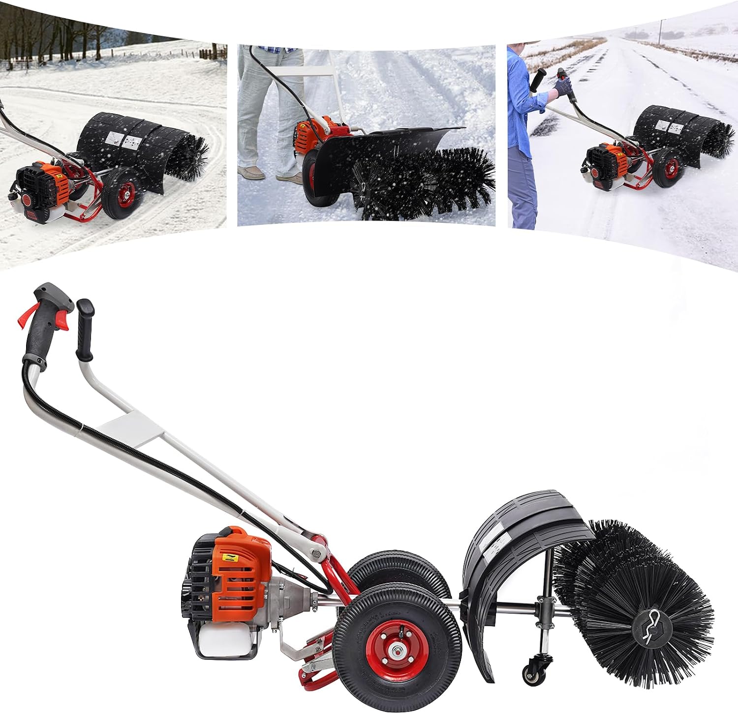 Gas Power Broom 52CC 2HP Gasoline Powered Artificial Lawn Sweeper Walk-Behind Outdoor Artificial Turf Broom Hand Push Turf Brush, for Dirt Grass Leaves Lawn Debris Artificial Turf Snow Cleaning