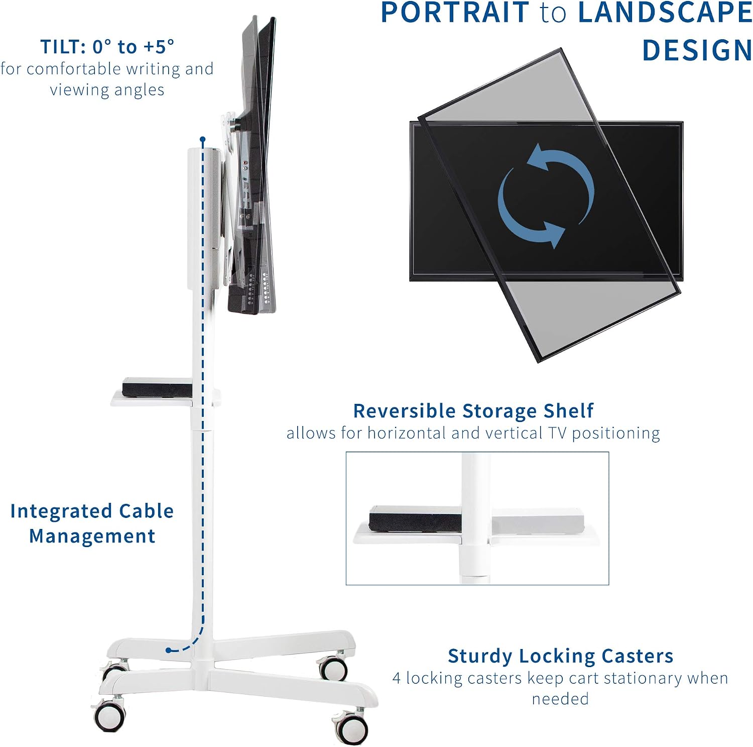 VIVO Mobile Premium TV Cart for 32 to 88 inch Screens up to 154 lbs, Samsung Digital Flipchart, Microsoft Surface Hub 2S, Portrait to Landscape, Shelf, Wheels, Max VESA 600x400, White, STAND-TV02PW