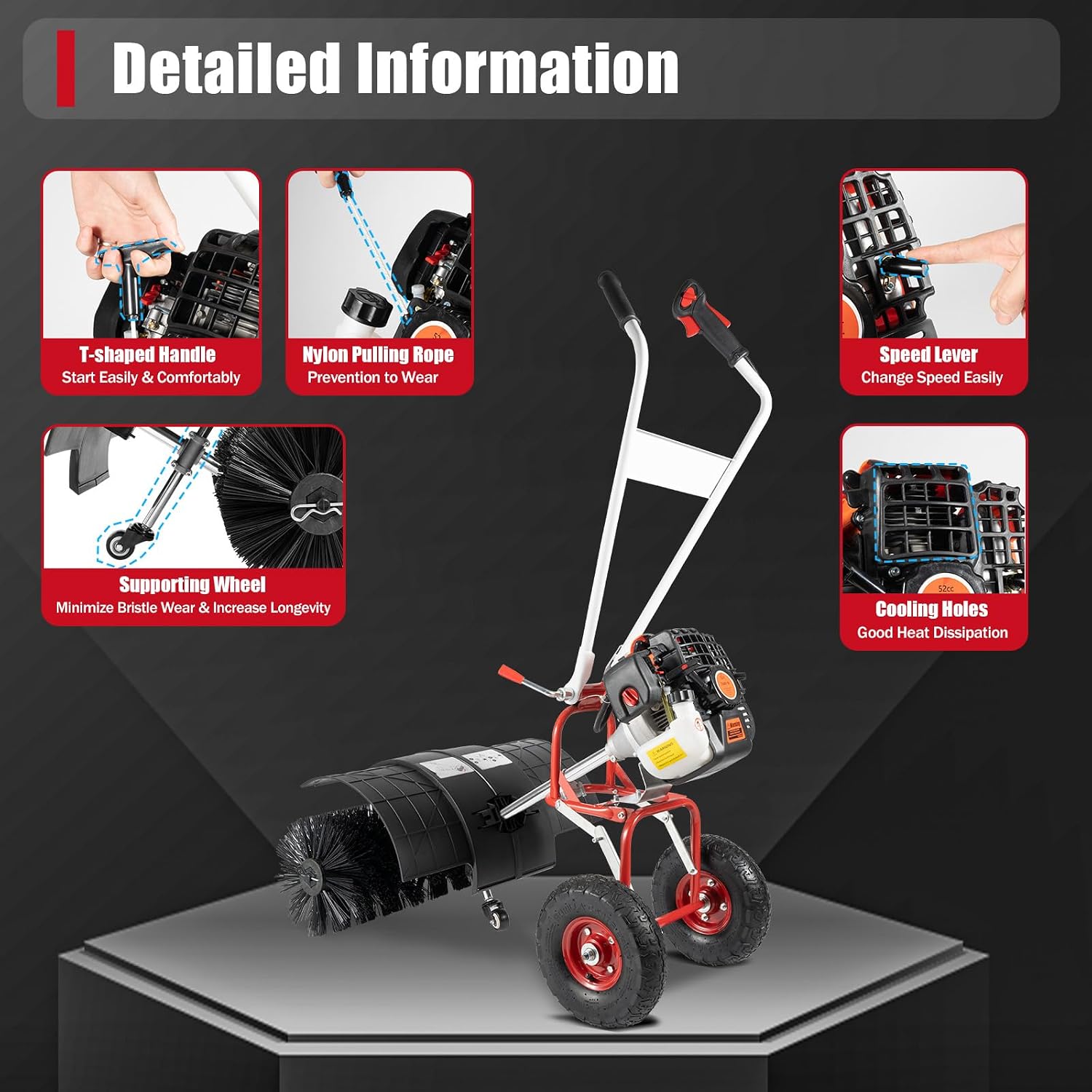 52CC 2.5HP Gas Power Sweeper,2-Stroke 2.5HP Air-Cooled Fuel Engine Sweepers,Hand Push Snow Leaves Cleaning Sweeper Broom Driveway Lawns Artificial Grass for Artificial Turf, Lawn, Sidewalk, Driveway