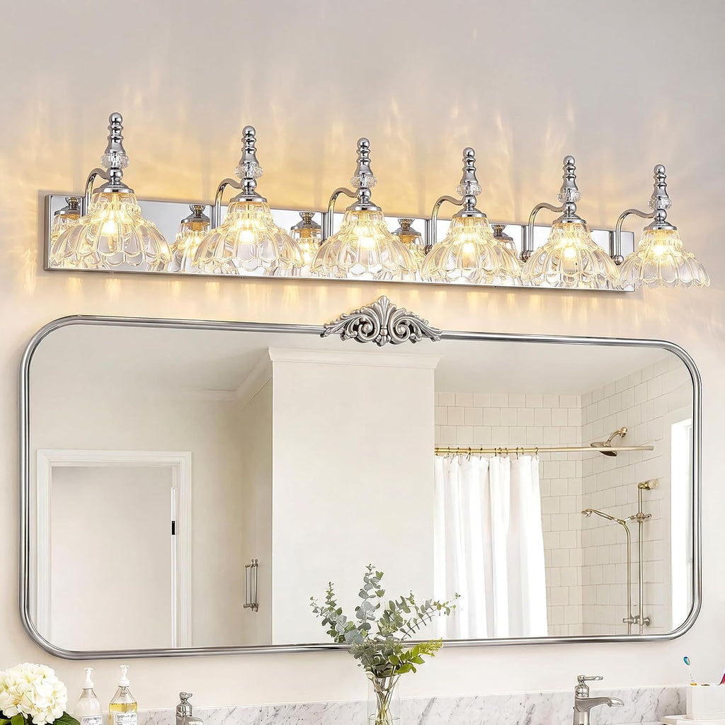 Vintage Bathroom Vanity Light, 6-Light Chrome Vanity Lighting Fixture with Flower Glass Shade, Bathroom Lighting Fixtures Over Mirror