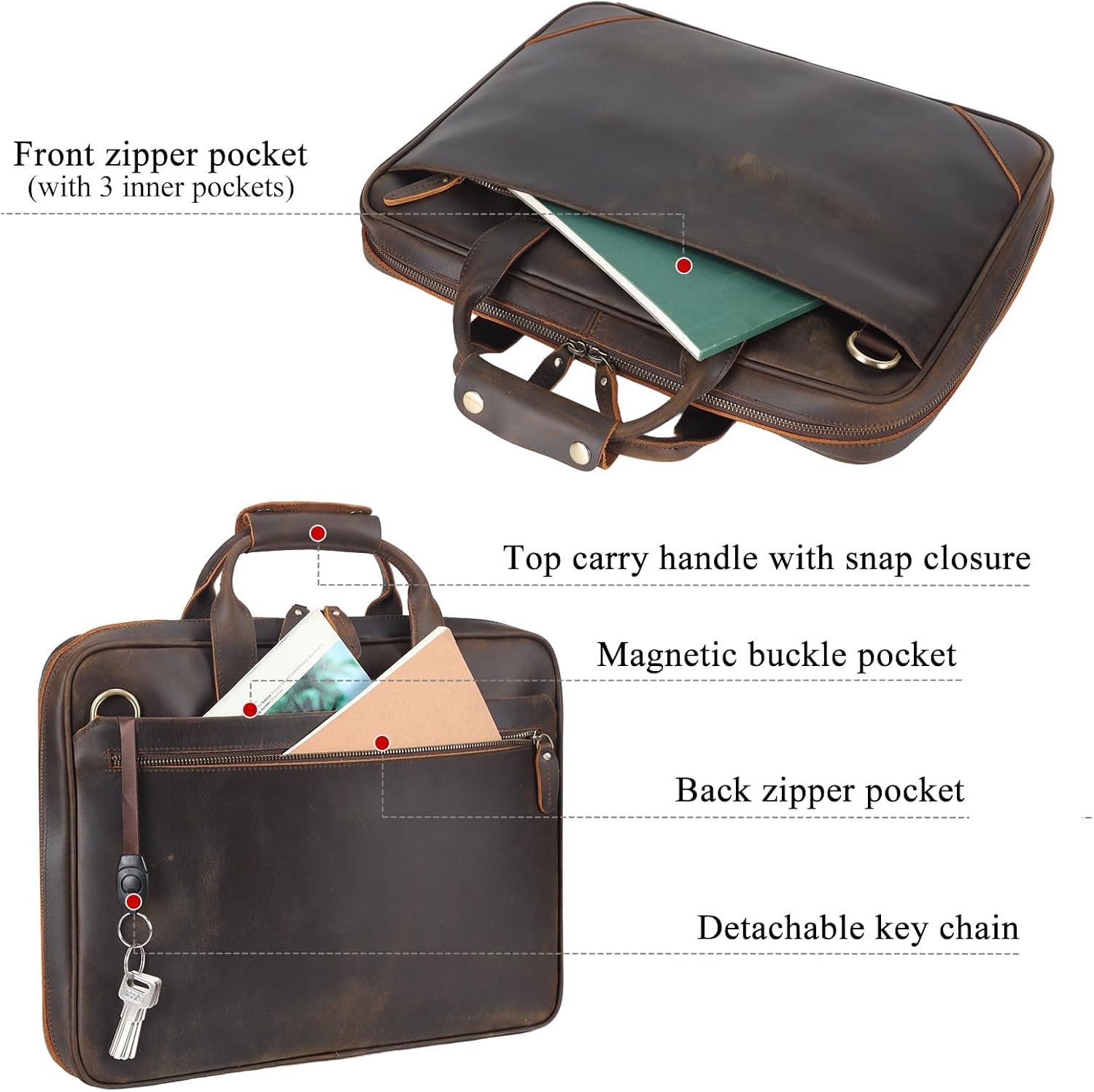 Leather Slim Briefcase for Men 14' - 16' Laptop Crossbody Messenger Bag Business Work Lawyer Attache Case