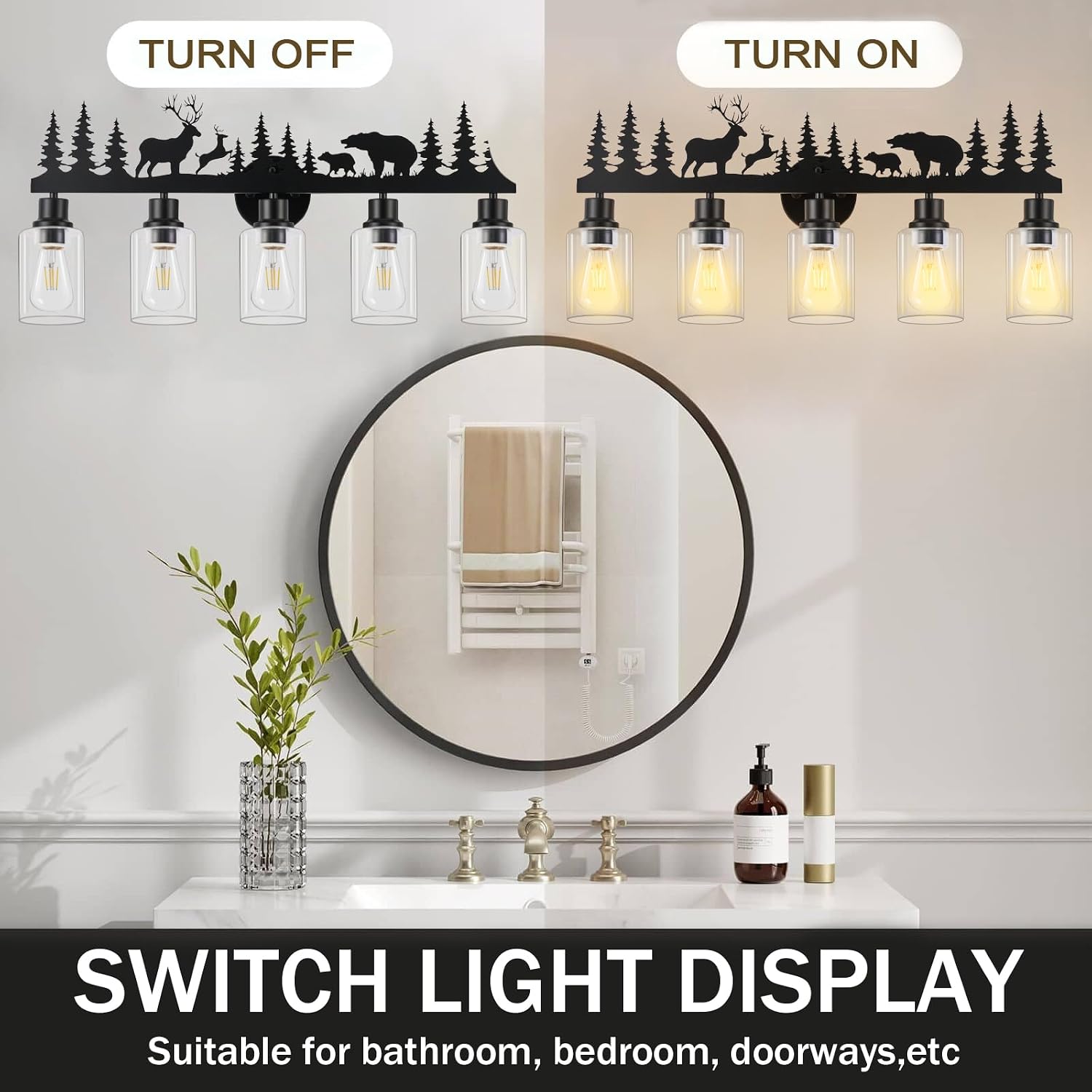 Rustic Bathroom Light Fixtures, 5-Light Farmhouse Vanity Lamp with Deer and Bear Design, Black Wall Lighting with Clear Glass Shade for Bathroom, Hallway, Kitchen, Porch