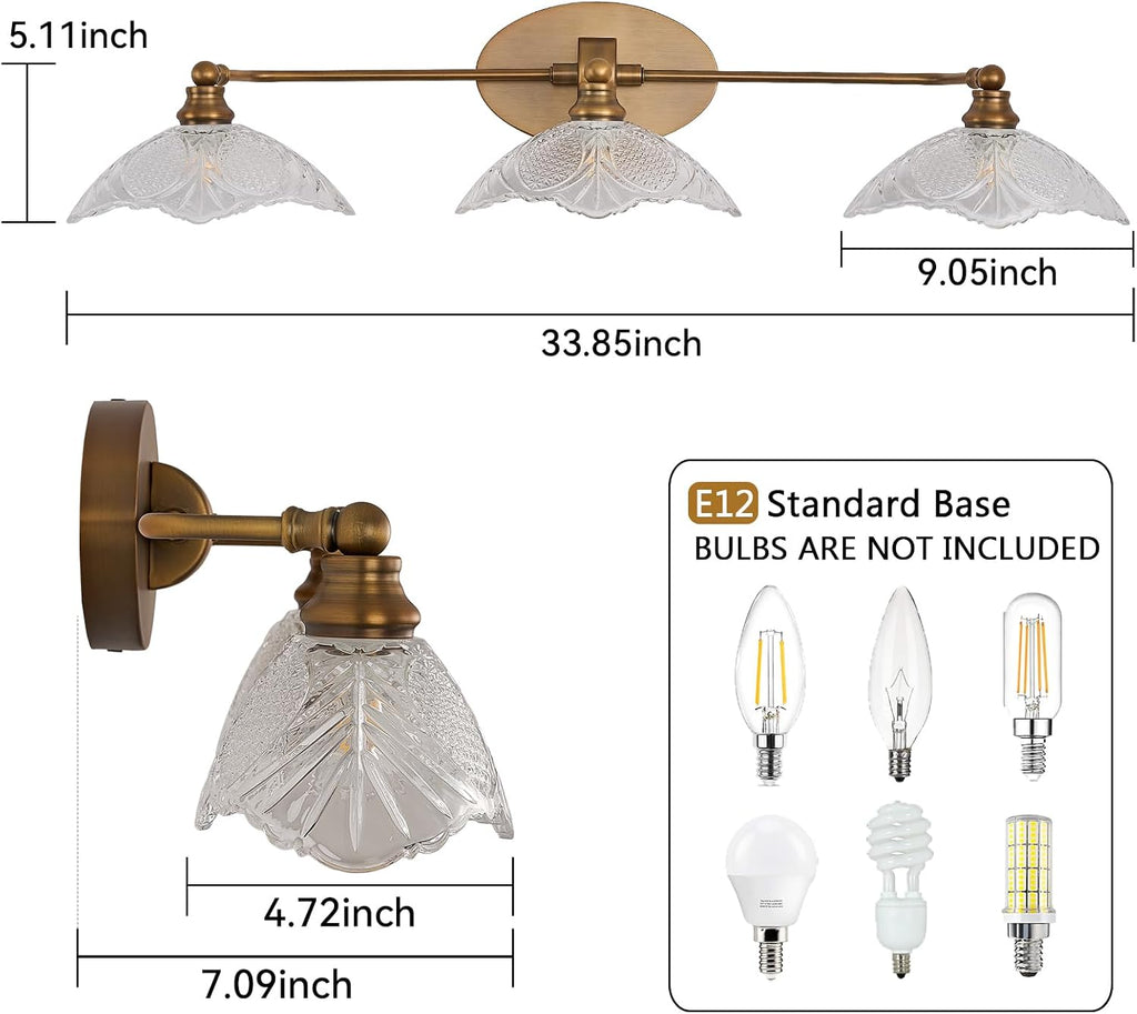 Vintage Bathroom Vanity Light Fixture, 3 Light Bathroom Vanity Light Length 33.85 inches Antique Brass with Crystal Glass Shade Antique Brass Vanity (E12 Bulb, Bulb not Included)