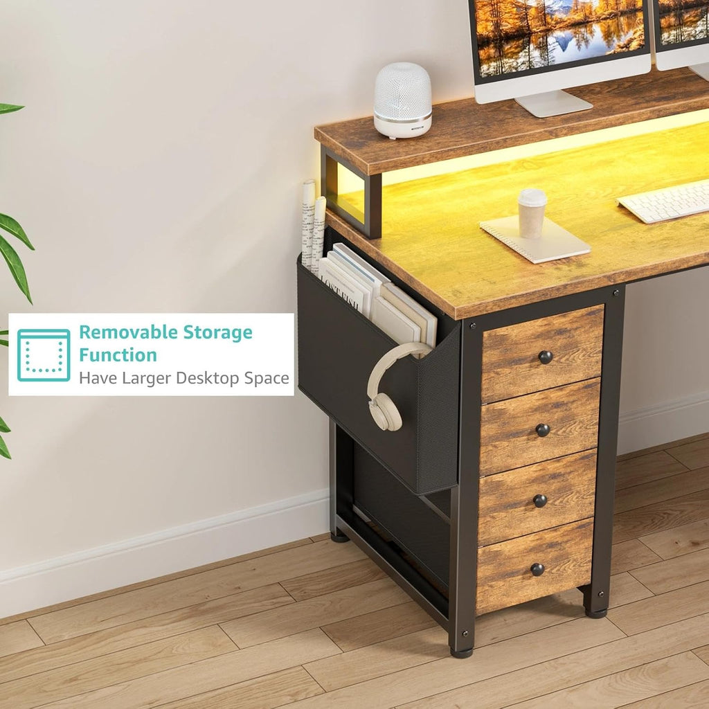 Lufeiya L Shaped Gaming Desk with Led Lights and Power Outlets, 47 Inch Corner Home Office Desk with Monitor Stand Shelves, Writing Study Computer Desks with Fabric Drawers for Bedroom, Rustic Brown