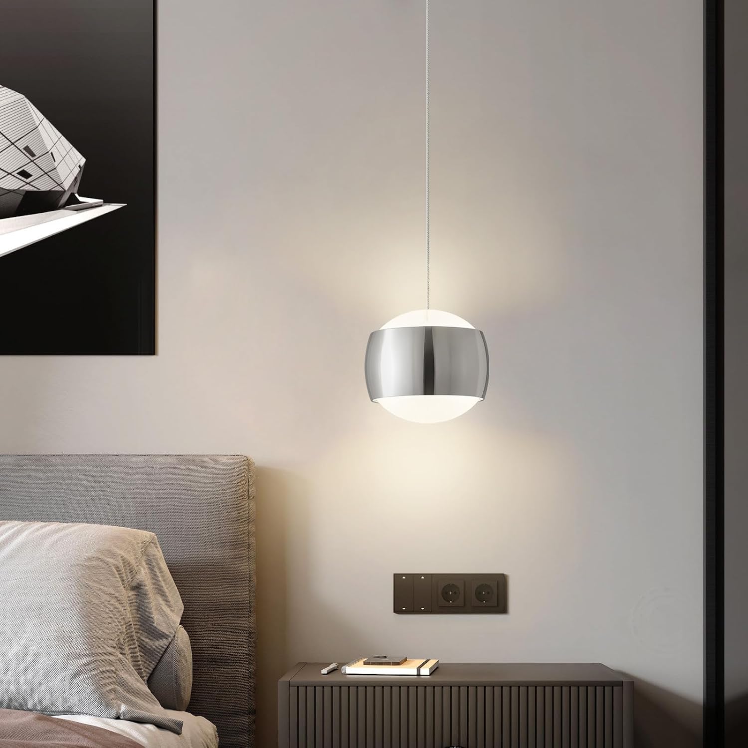 Modern Chrome LED Dimmable Pendant Light fixtures,6″ Island Pendant Lighting for Kitchen Island Dinning Room,Bedroom,Bar, Kitchen Island Ceiling Hanging Light Fixtures(Chrome-1-Pack)