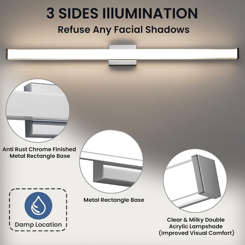 Modern LED Bathroom Vanity Light 48 inch 32W Dimmable 3CCT Bathroom Light Fixture Over Mirror Rectangle Bath Vanity Light Bar with Double Layer Acrylic Shade (Chrome)