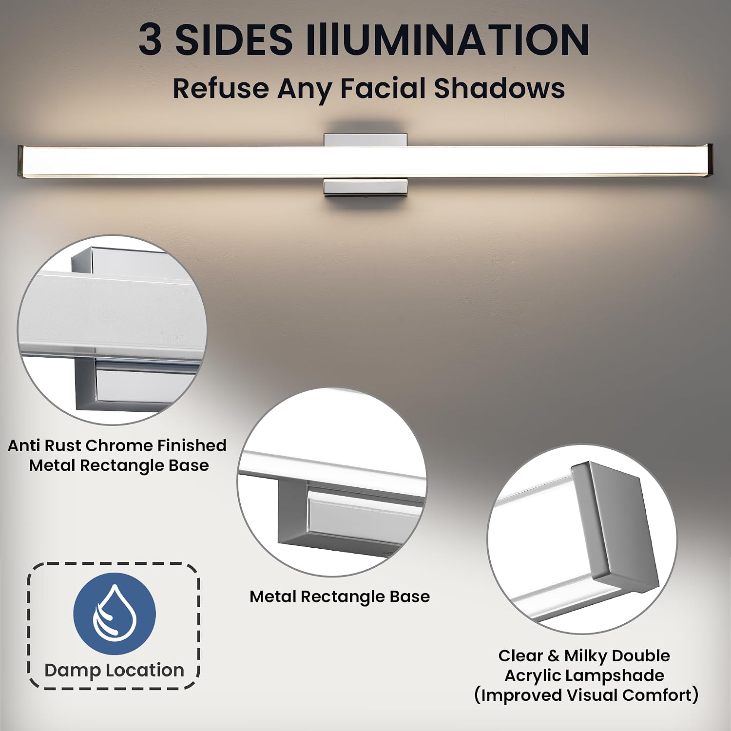 Modern LED Bathroom Vanity Light 48 inch 32W Dimmable 3CCT Bathroom Light Fixture Over Mirror Rectangle Bath Vanity Light Bar with Double Layer Acrylic Shade (Chrome)