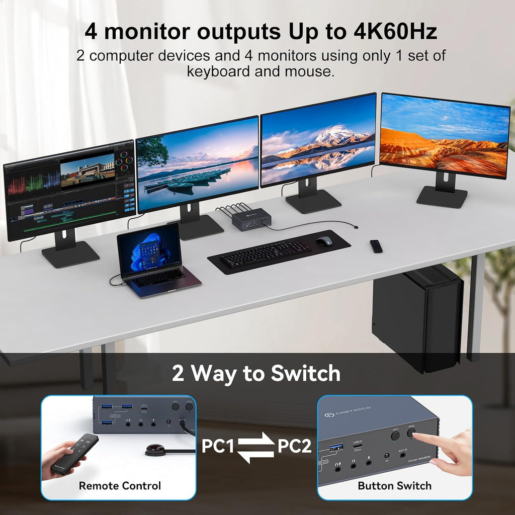 Thunderbolt KVM Switch Docking Station for Macbooks 4 Monitors 2 Computers HDMI 4K60Hz Displaylink USB C Dock for Laptops/Desktop Share 4xHDMI USBA/C Ethernet Audio Support Extended/Copy Mode