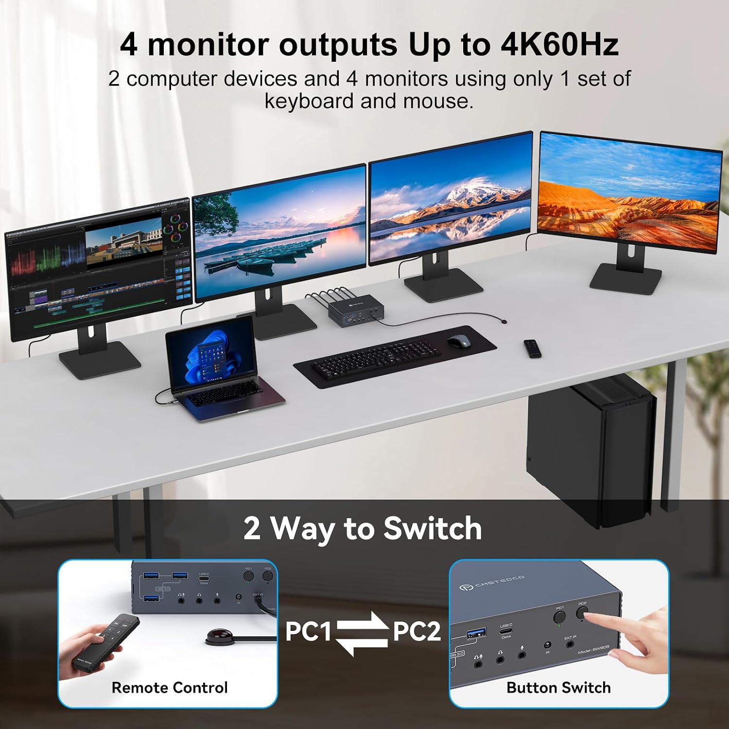 Thunderbolt KVM Switch Docking Station for Macbooks 4 Monitors 2 Computers HDMI 4K60Hz Displaylink USB C Dock for Laptops/Desktop Share 4xHDMI USBA/C Ethernet Audio Support Extended/Copy Mode
