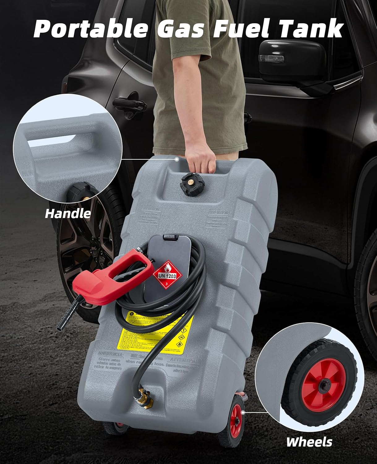 Fuel Caddy 14 gal, Portable Gasoline Tank Container With Manual Fuel Transfer Pump & 10 ft Long Hose, Gasoline Diesel Fuel Storage Tank On-Wheels, Portable Gas Tank for Cars, Lawn Mowers, Boats, Grey