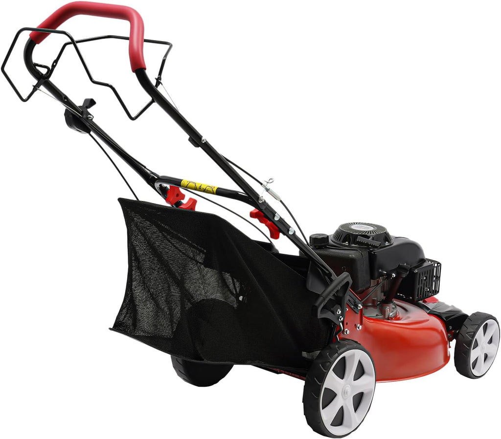 140CC 4 Stroke Walk-Behind Lawn Mower Gas Powered Push Lawn Mower with Wheels and Grass Collecting Bag Grass Trimmer for Yards Gardens Lawns, 8 Adjustable Height, 20-in Cutting Width,5HP