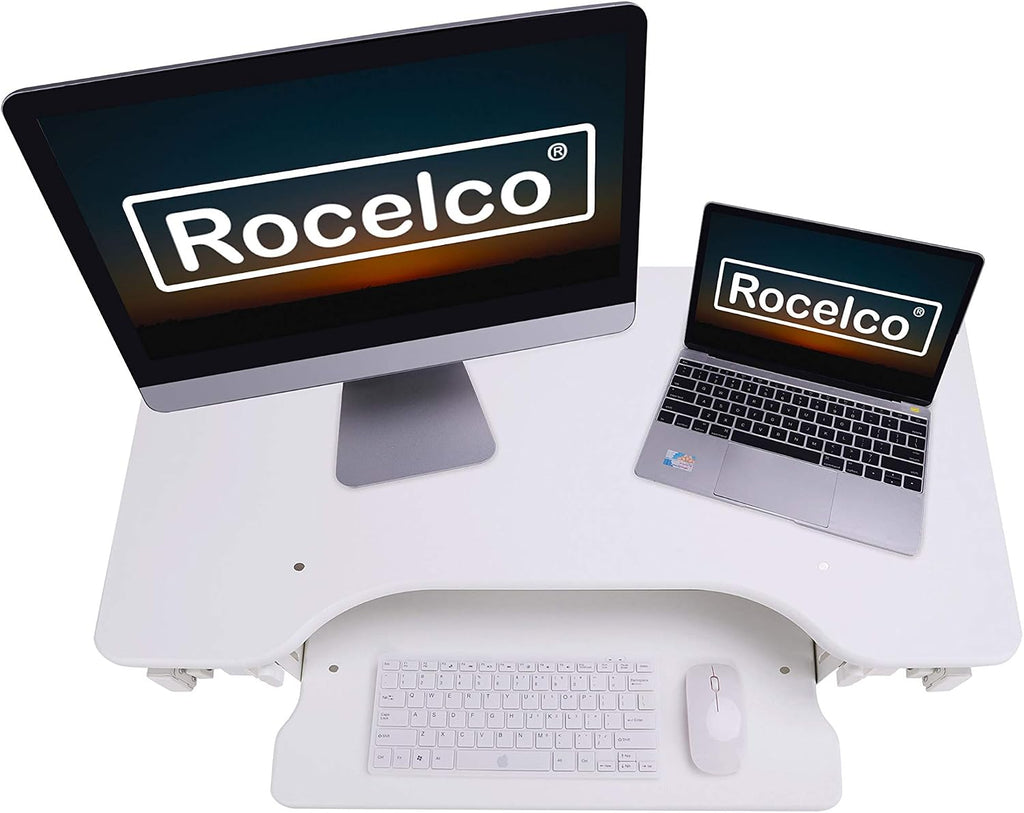 Rocelco 32' Height Adjustable Standing Desk Converter - Sit Stand Computer Workstation Riser - Dual Monitor Retractable Keyboard Tray Gas Spring Assist - Black (R EADRW)