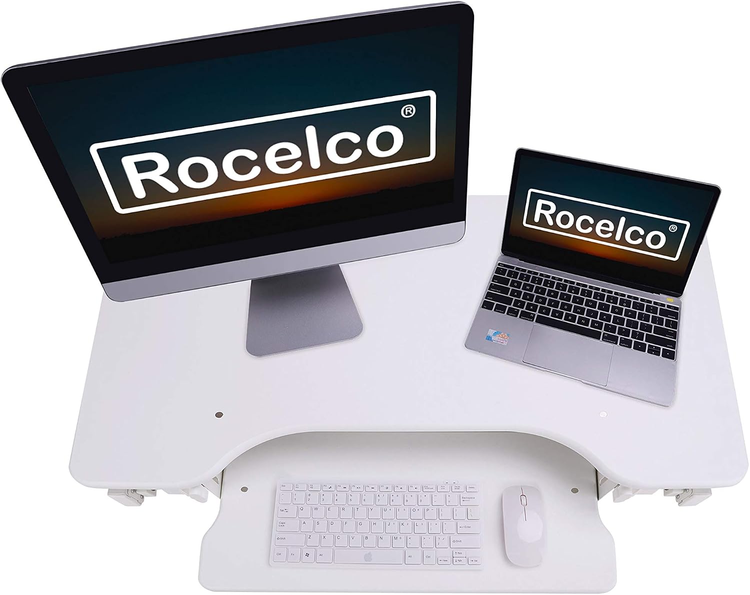 Rocelco 32' Height Adjustable Standing Desk Converter - Sit Stand Computer Workstation Riser - Dual Monitor Retractable Keyboard Tray Gas Spring Assist - Black (R EADRW)