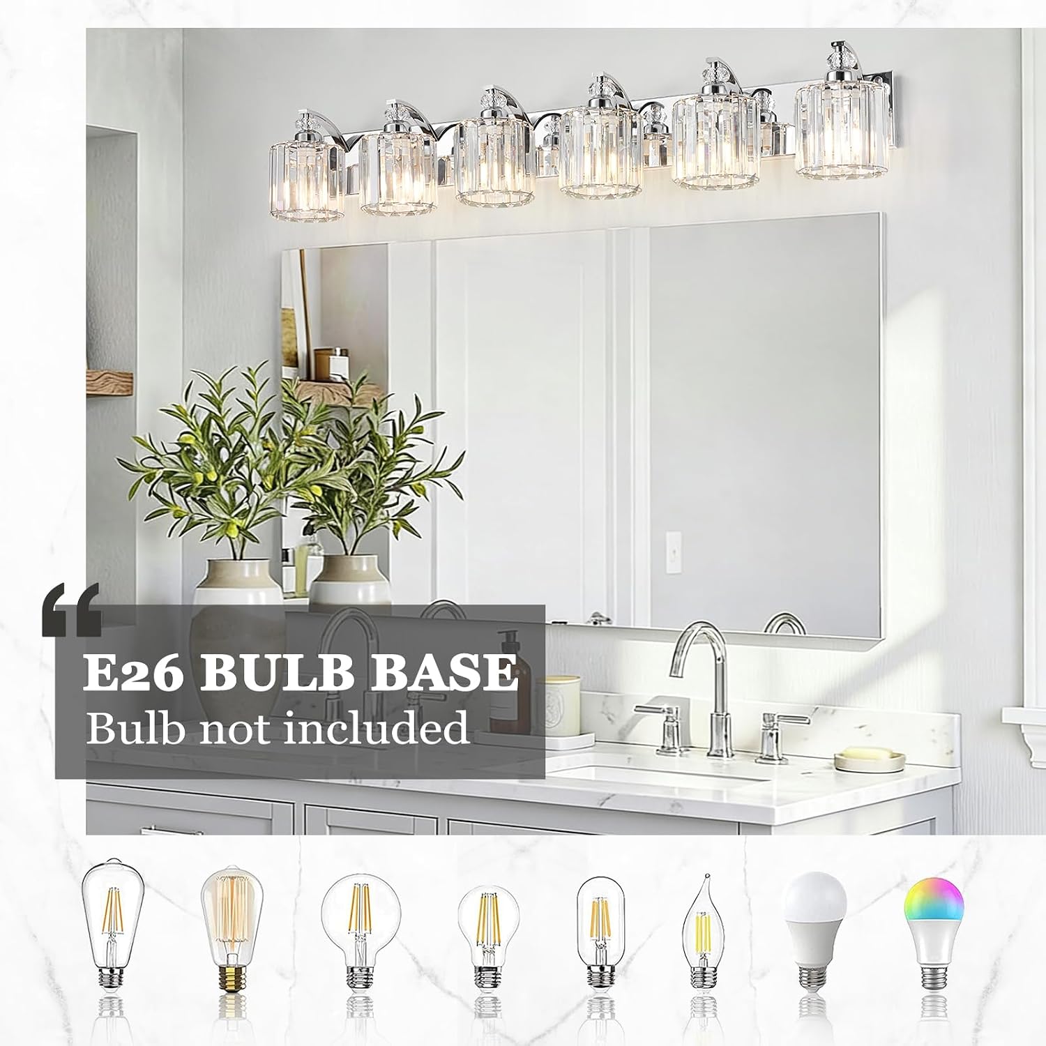 6-Light Modern Bathroom Light Fixture Chrome Vanity Lights Over Mirror Wall Sconce Lighting with K9 Crystal Shades Bathroom Wall Lamp E26 Base for Bedroom, Living Room, Hallway