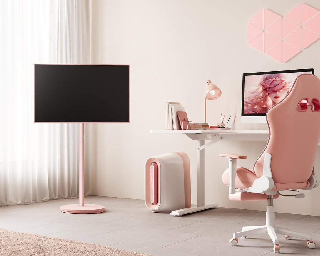 FITUEYES Design Small Rolling TV Cart for 24-48 Inches Television, Minimalist Modern TV Floor Stand on Wheels Fits Max VESA 200x200mm, V2 Portable Smart Television Stands, Pink, Master Series