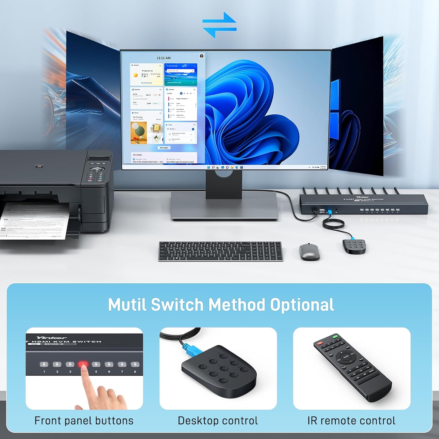 1U Rackmount KVM Console HDMI 8 Port + Cables, 4K@30Hz USB HDMI KVM Switch 8x1 + 4 USB Hubs + Wired Desktop Selector + Remote + Rack Mount Ears