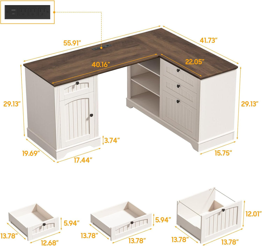 Farmhouse L Shaped Desk with Drawers, 56 Inch Executive Desk with File Drawer and Storage Cabinet, Wooden Corner Computer Desk with Power Strip for Home Office Work and Study, Rustic White and Walnut