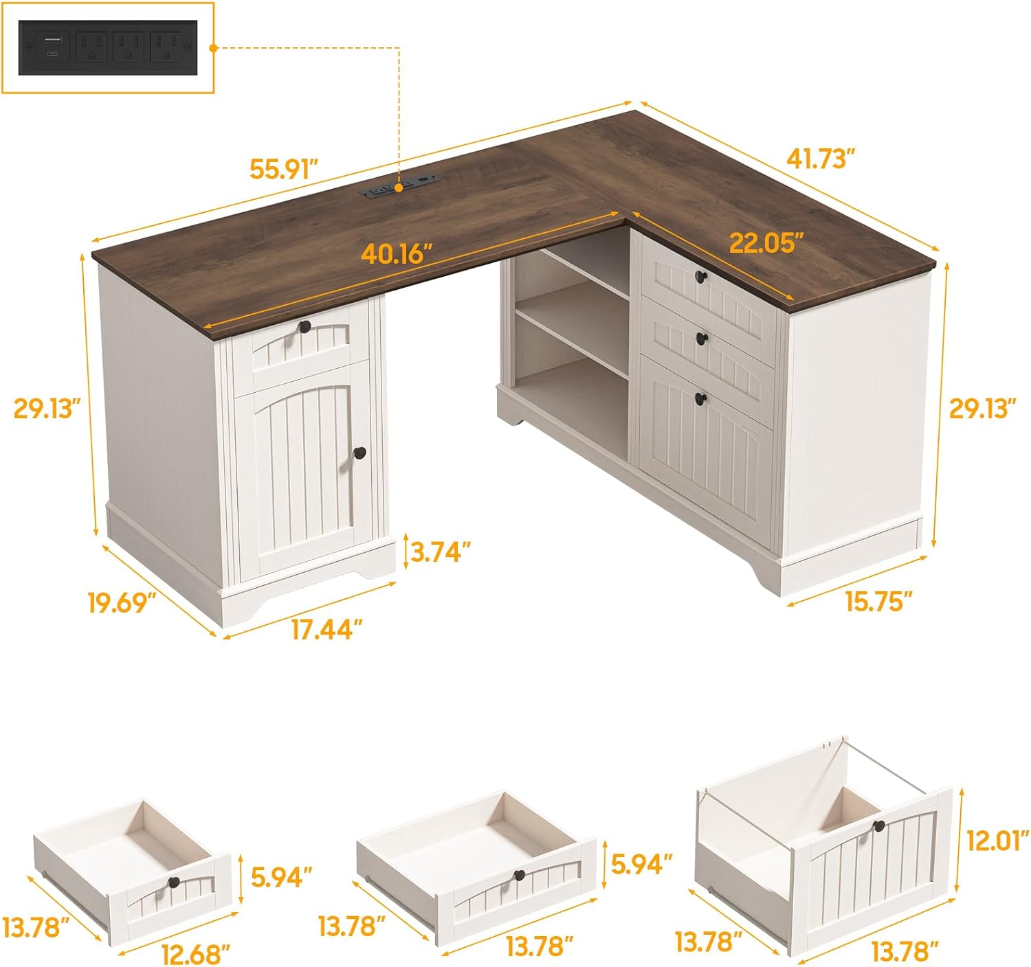 Farmhouse L Shaped Desk with Drawers, 56 Inch Executive Desk with File Drawer and Storage Cabinet, Wooden Corner Computer Desk with Power Strip for Home Office Work and Study, Rustic White and Walnut
