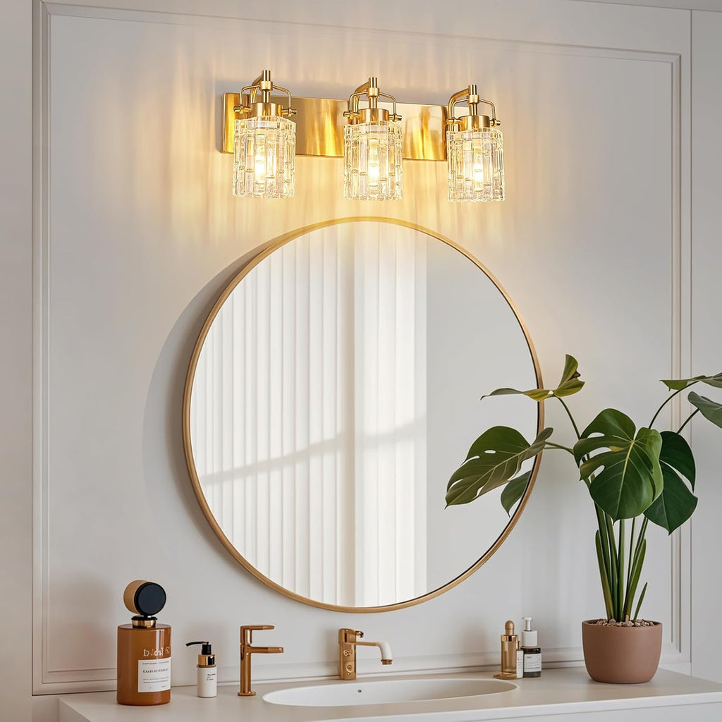 3 Light Crystal Glass Vanity Light, Gold Bathroom Lighting Fixtures Over Mirror Modern Bath Wall Sconce Lighting for Bedroom Living Room