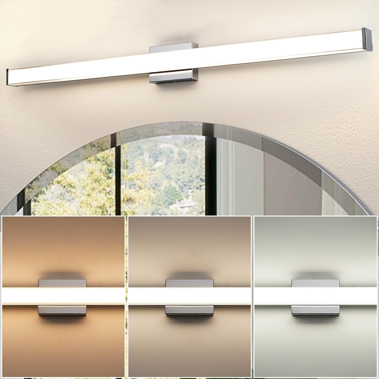 Modern LED Bathroom Vanity Light 48 inch 32W Dimmable 3CCT Bathroom Light Fixture Over Mirror Rectangle Bath Vanity Light Bar with Double Layer Acrylic Shade (Chrome)