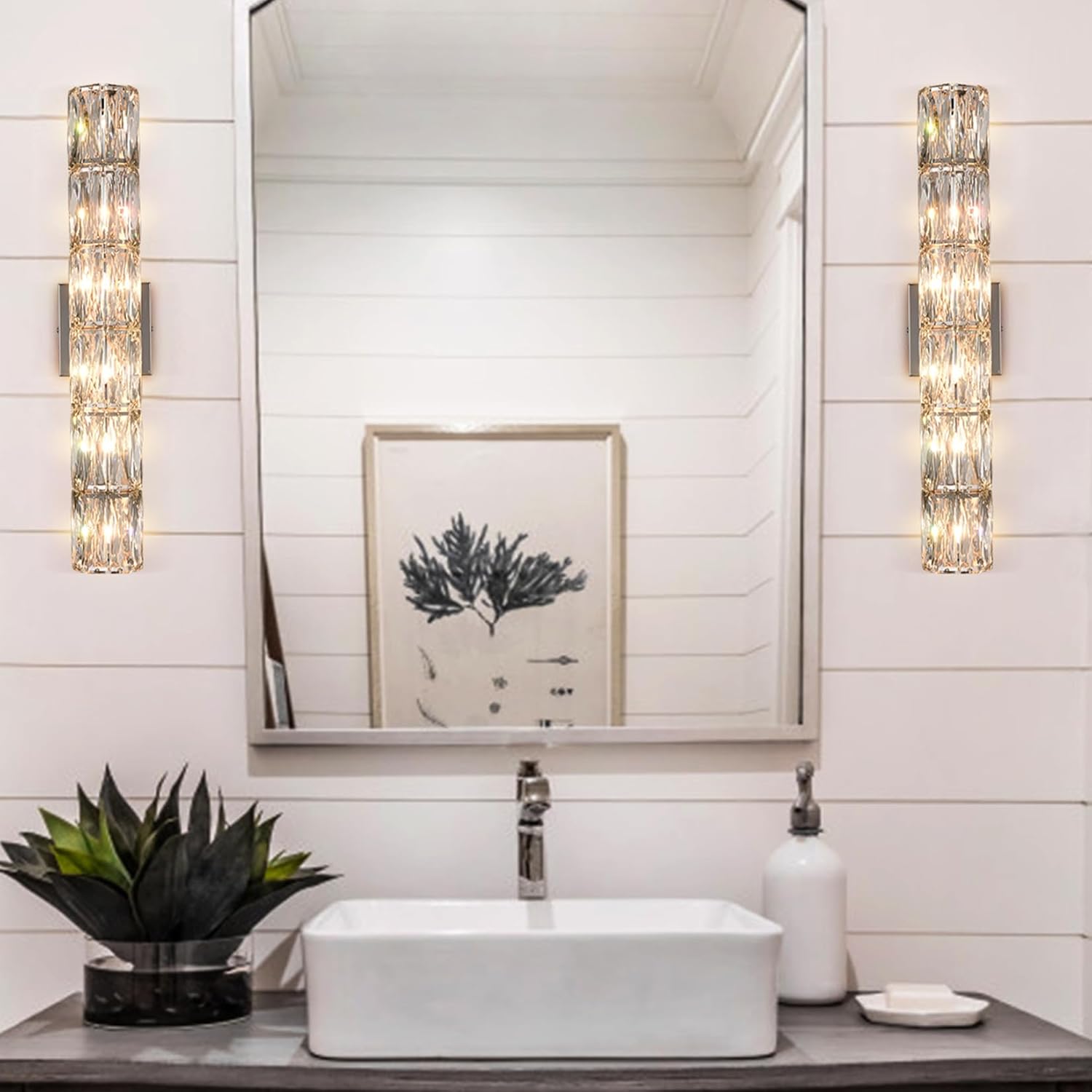 SAMTEEN Chrome Crystal Wall Sconce Contemporary 6-Light Crystal Sconces Wall Lighting Modern Nickel Wall Sconce Clear Glass Wall Light Fixture for Bathroom Living Room Bedroom Hallway