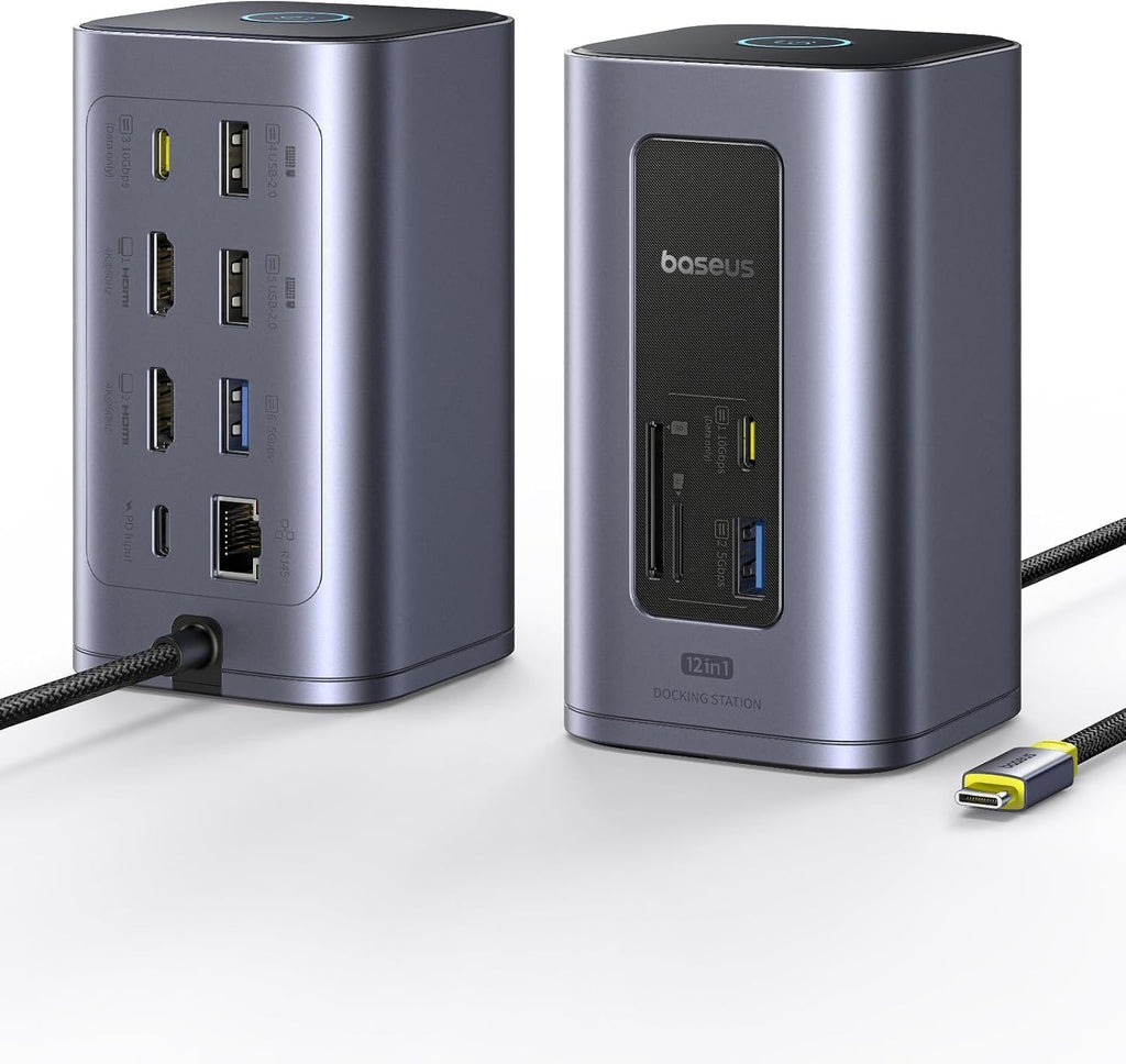 Baseus Nomos Air Mac 12 in 1 Docking Station, Dual Monitor Laptop Docking Station with 2K HDMI/DP, 10Gbps USB-C/A, 100W PD, USB C Docking Station Compatible for macOS, Displaylink Driver Required