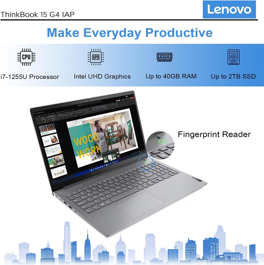 Lenovo ThinkBook 15 Gen 4 Business Laptop, 15.6' FHD Display, Intel i7-1255U, 40GB RAM, 1TB SSD, HDMI, Thunderbolt 4, Webcam, Wi-Fi 6, Fingerprint Reader, SD Card Reader, Windows 11 Pro, Grey