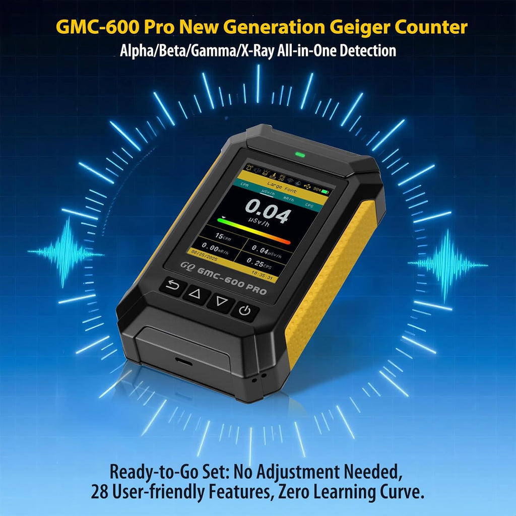 GQ 600 PRO Geiger Counter Nuclear Radiation Detector – Dosimeter for Alpha, Beta, Gamma, X-Ray – Portable Radiation Monitor with Real-Time Data, Global Data Sharing, LCD Display & USB