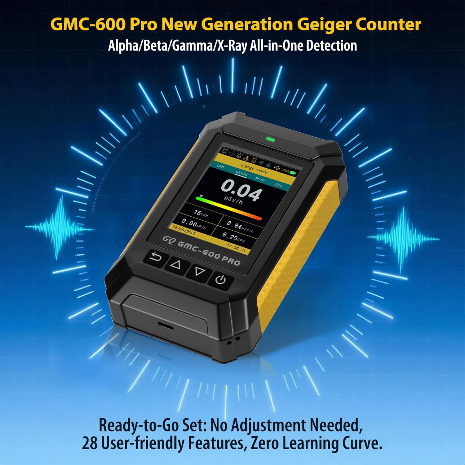 GQ 600 PRO Geiger Counter Nuclear Radiation Detector – Dosimeter for Alpha, Beta, Gamma, X-Ray – Portable Radiation Monitor with Real-Time Data, Global Data Sharing, LCD Display & USB