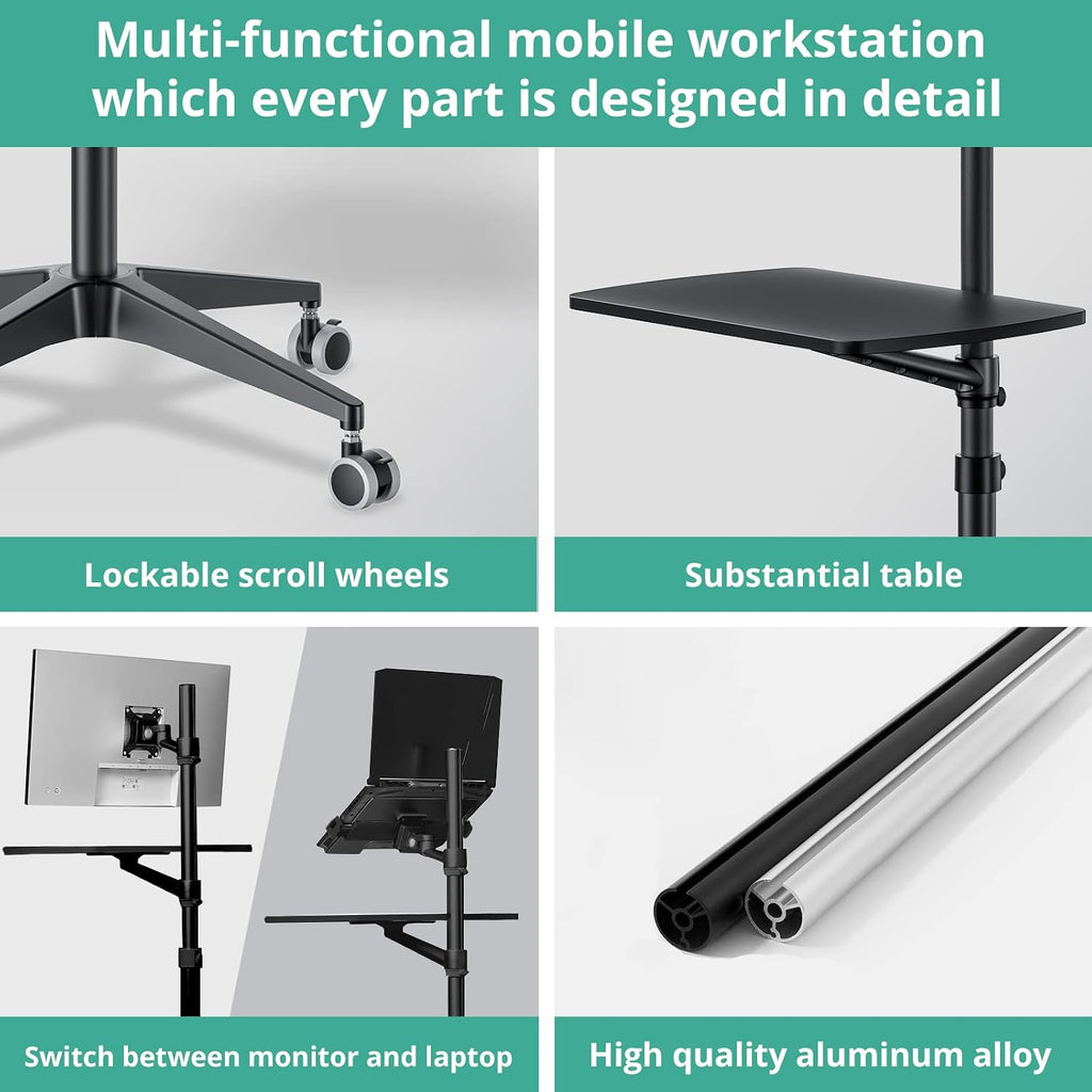Viozon Mobile Desk,Mobile Workstation,Mulitiuse Rolling Laptop Floor Stand,34'-48.6' Height Adjustable,Compatible with 17'-27' Monitor&12'-17' Laptop,21'×14' Desk,Maxload 17.6lbs,4 Lockable Wheels B