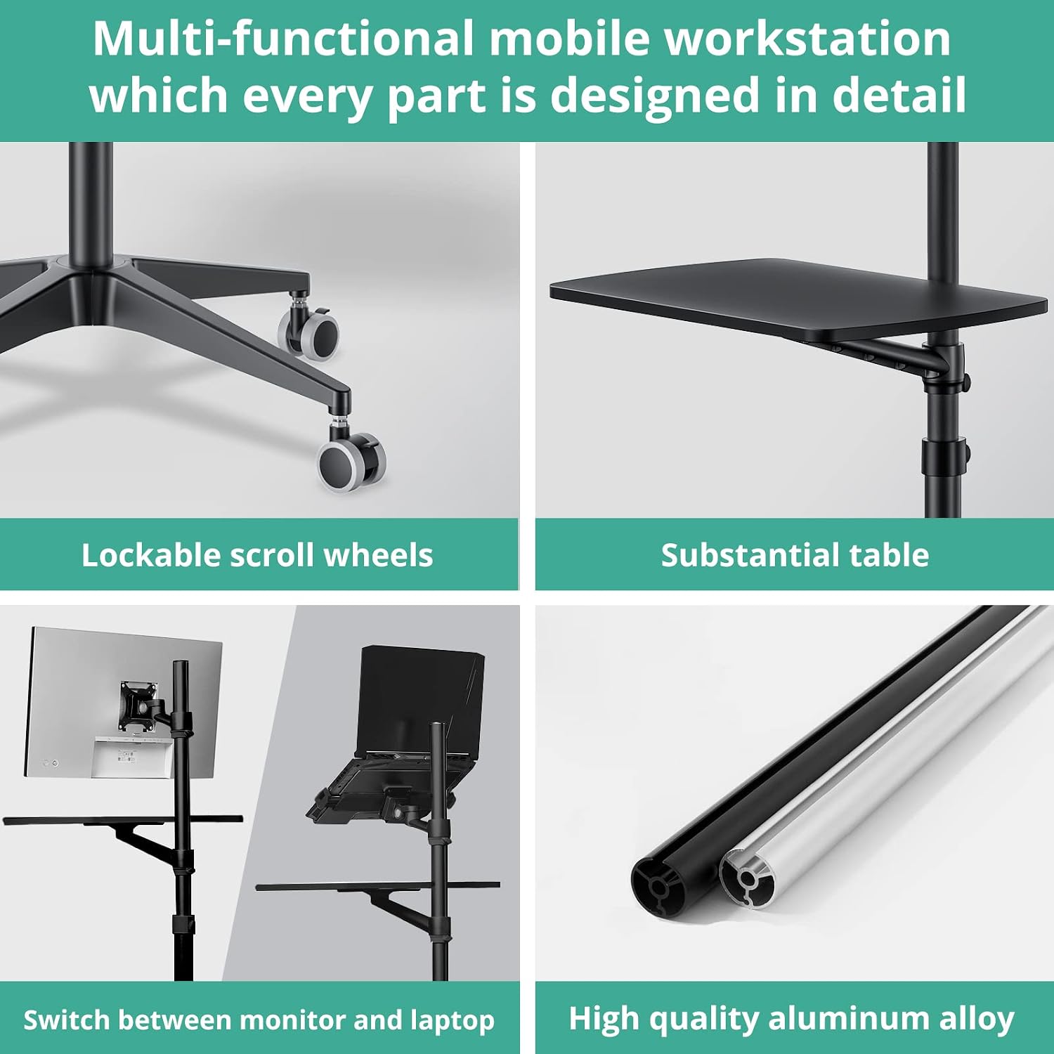 Viozon Mobile Desk,Mobile Workstation,Mulitiuse Rolling Laptop Floor Stand,34'-48.6' Height Adjustable,Compatible with 17'-27' Monitor&12'-17' Laptop,21'×14' Desk,Maxload 17.6lbs,4 Lockable Wheels B
